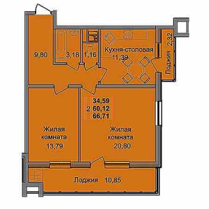 2 комнатная 66.71м²