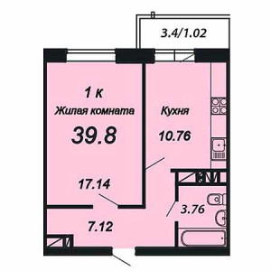 1 комнатная 39.8м²