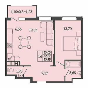 1 комнатная 53.45м²