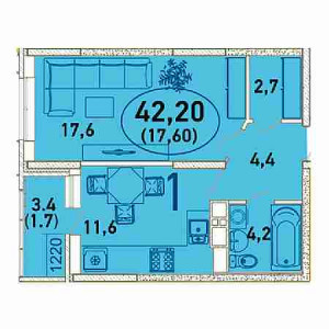 1 комнатная 42.2м²