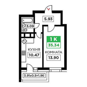 1 комнатная 35.34м²