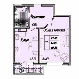 1 комнатная 49.23м²