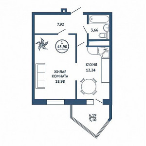 1 комнатная 45.9м²