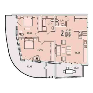 2 комнатная 129.21м²