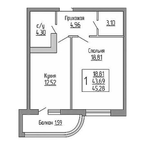 1 комнатная 45.28м²