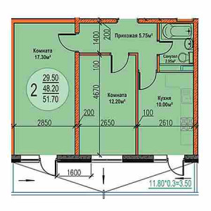 2 комнатная 51.7м²