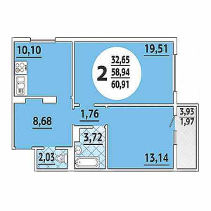 2 комнатная 60.91м²