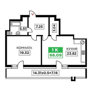 1 комнатная 66.09м²