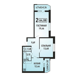 2 комнатная 64.08м²