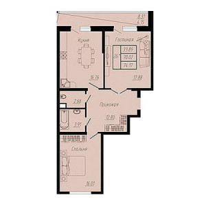 2 комнатная 74.17м²