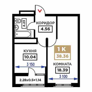 1 комнатная 38.36м²