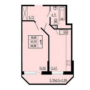 1 комнатная 44.59м²