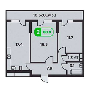 2 комнатная 60.8м²