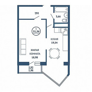 1 комнатная 51.56м²