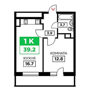 1 комнатная 39.2м²