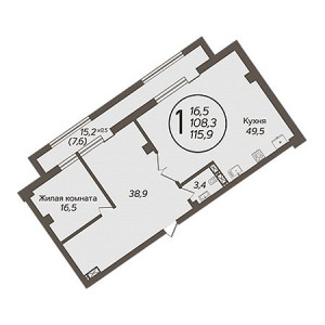 1 комнатная 115.9м²