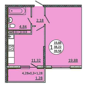 1 комнатная 39.58м²