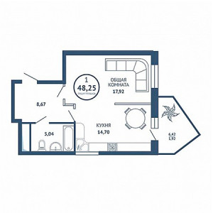 1 комнатная 48.25м²