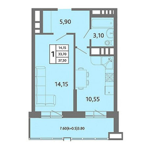 1 комнатная 37.5м²