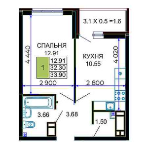 1 комнатная 30.9м²