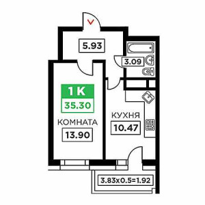 1 комнатная 35.3м²