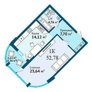 1 комнатная 52.78м²