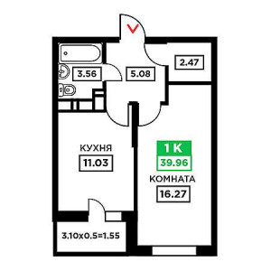 1 комнатная 39.96м²