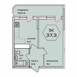 1 комнатная 37.3м²