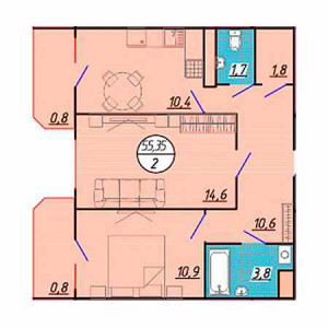 2 комнатная 55.35м²