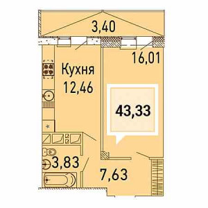 1 комнатная 43.33м²