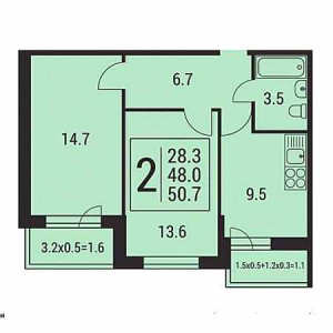 2 комнатная 50.7м²