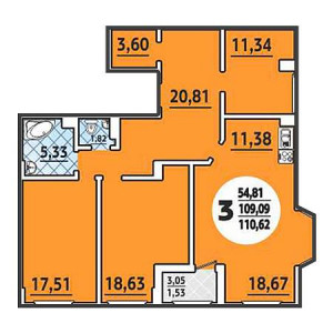 3 комнатная 110.62м²