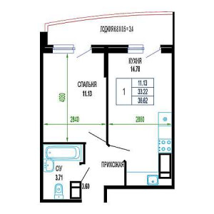 1 комнатная 36.62м²