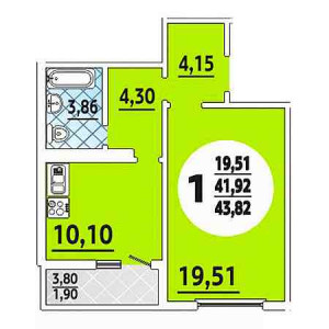 1 комнатная 43.82м²