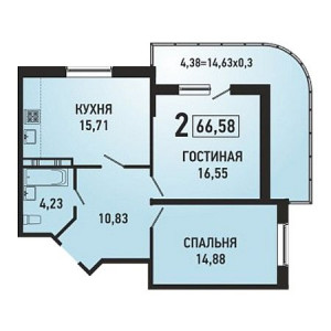 2 комнатная 66.58м²