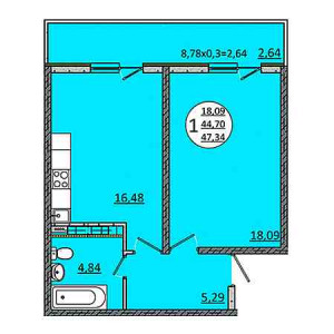 1 комнатная 47.34м²