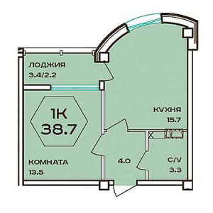 1 комнатная 38.7м²