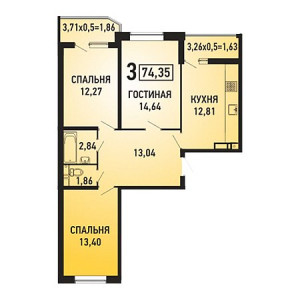 3 комнатная 74.35м²