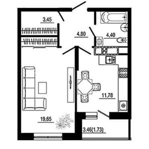 1 комнатная 45.81м²