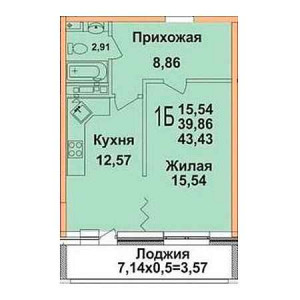 1 комнатная 43.43м²