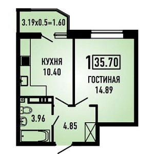 1 комнатная 35.7м²