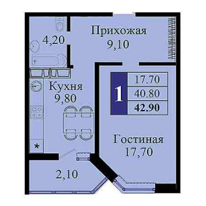 1 комнатная 42.9м²