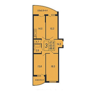 3 комнатная 88.8м²