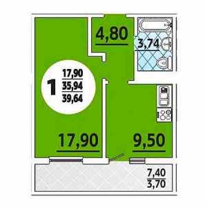 1 комнатная 39.64м²