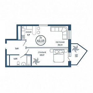 2 комнатная 62.15м²