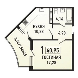 1 комнатная 40.95м²