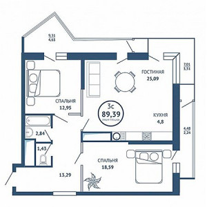 3 комнатная 89.39м²