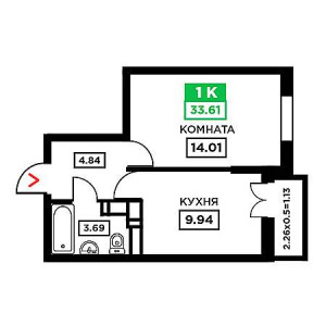 1 комнатная 33.61м²