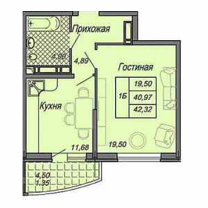 1 комнатная 42.32м²