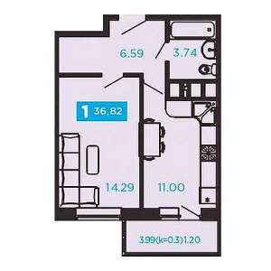 1 комнатная 36.82м²